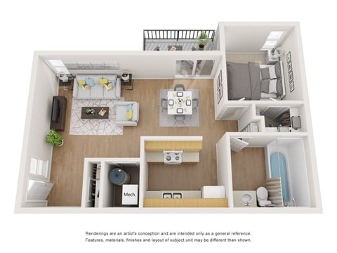 Floor plan for 1 bed, 1 bath, 698 sqft